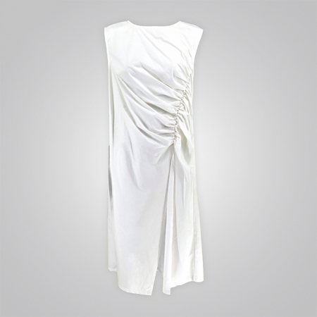 Crew Neck Ruched Shift Slit Dress in White