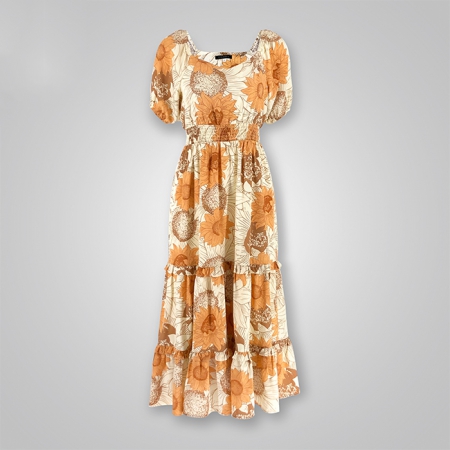 Floral Print Puff Sleeve Smocked Tiered Dress