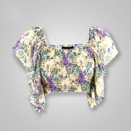 Floral Print Smocked Flare-Draped Sleeves Crop Top 