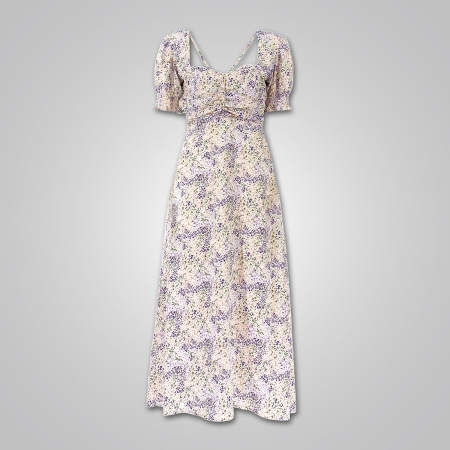 Heart Shaped Neck Puff Sleeve Ruched Dress in Floral Print