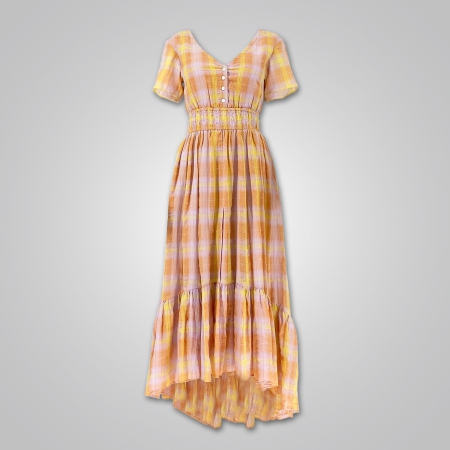 Cotton V Neck High Low Dress with bra in sunset plaids