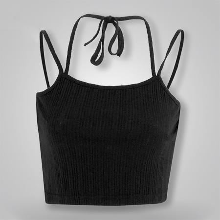 Solid Color Ribbed Strap Detail Halter Cami Top