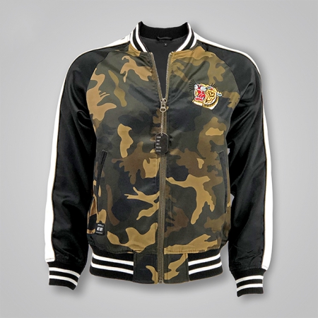Tiger-Patch Camo-Print Varsity Bomber Jacket