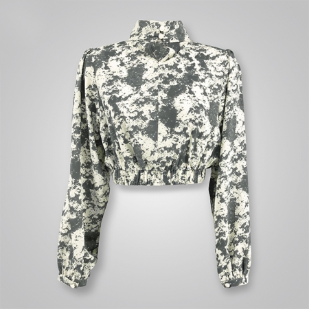 High-Neck Keyhole-Detail Printed Long Sleeves Top