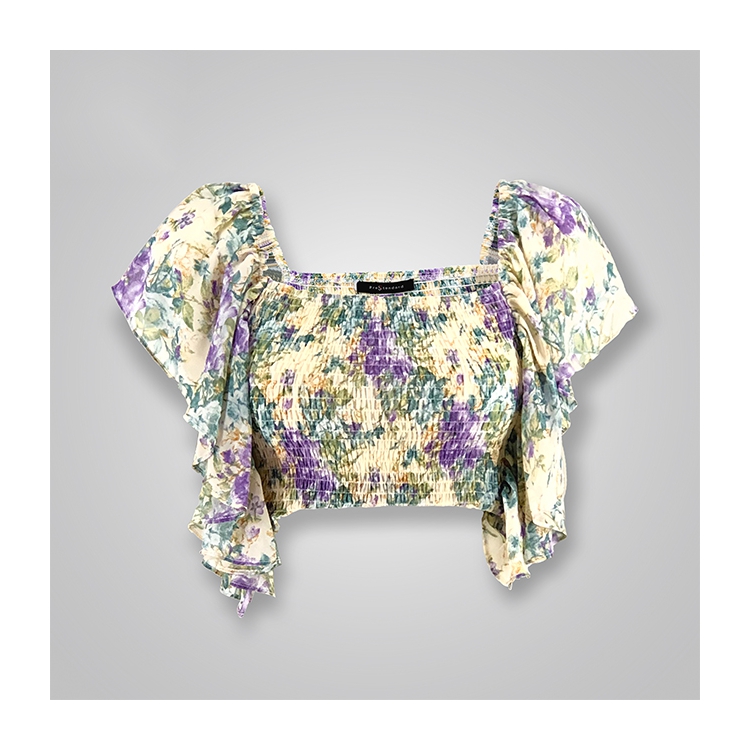 Floral Print Smocked Flare-Draped Sleeves Crop Top _Tops_Women_Product ...